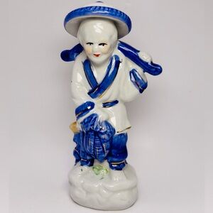 Vintage Porcelain Chinese Male Figurine White and Blue Chinese Japan Statue 6”